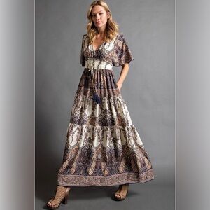 Easel Bohemian Maxi Dress in Navy and Cream